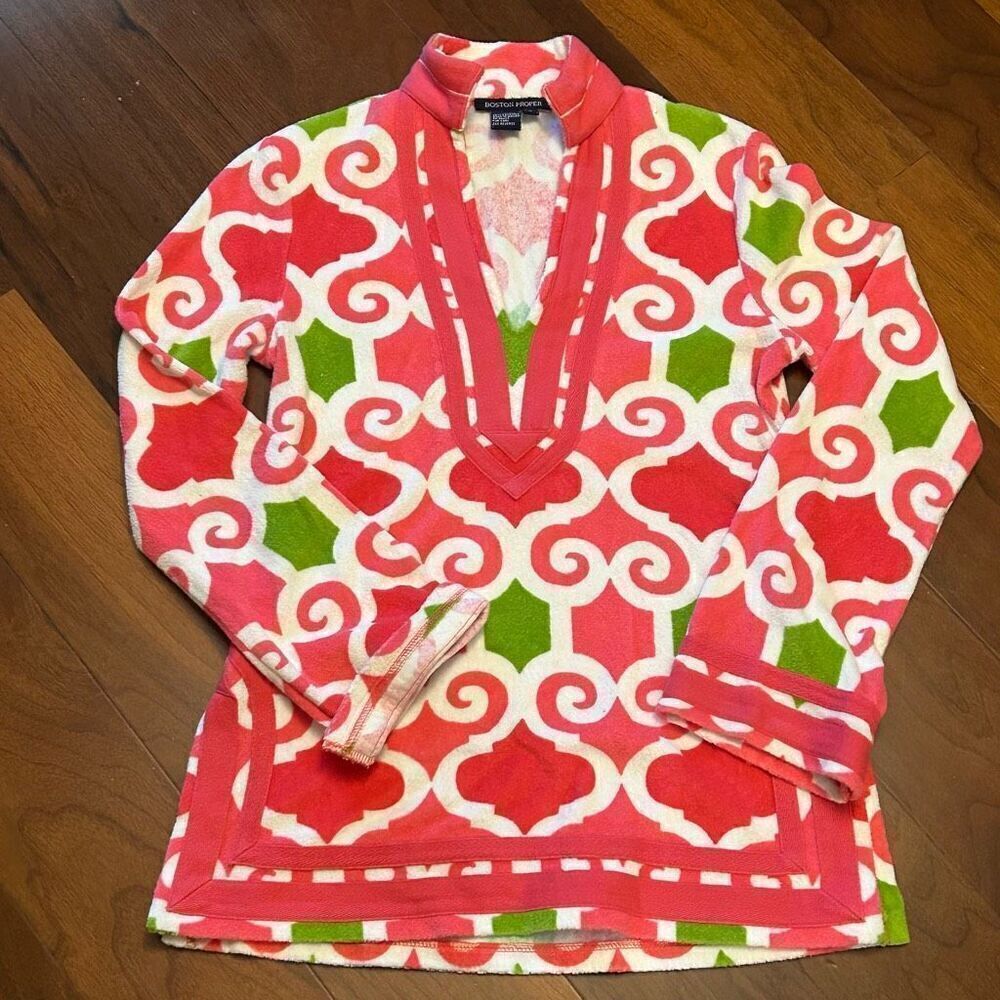 Boston Proper women's‎ terry cloth pink print v-neck long sleeve top size small